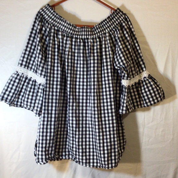 Studio West XXL Gingham Off Shoulder Blouse Bell Sleeve Boho Cottagecore Peasant - Picture 2 of 6